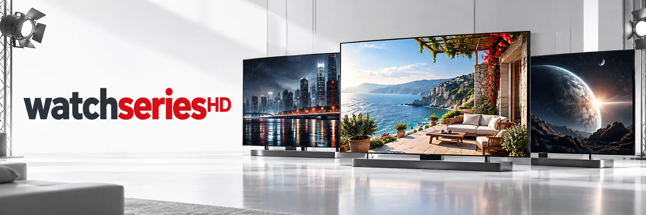 WatchSeriesHD in charcoal and red beside three television screens in a white studio